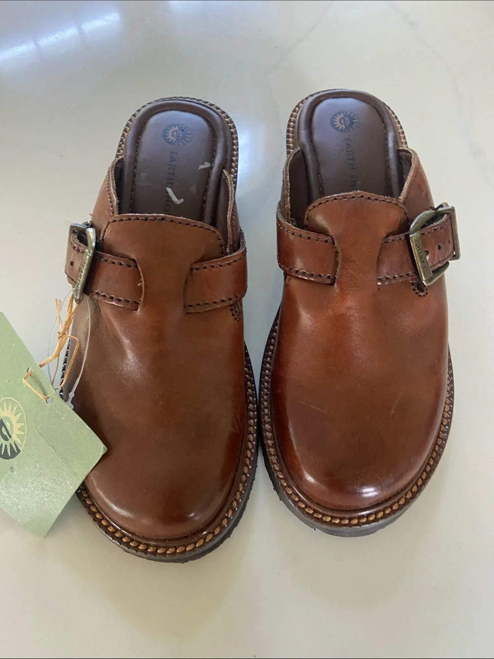 Earth Origins Men’s Tan Brown Leather Slip-On Clogs with Buckle